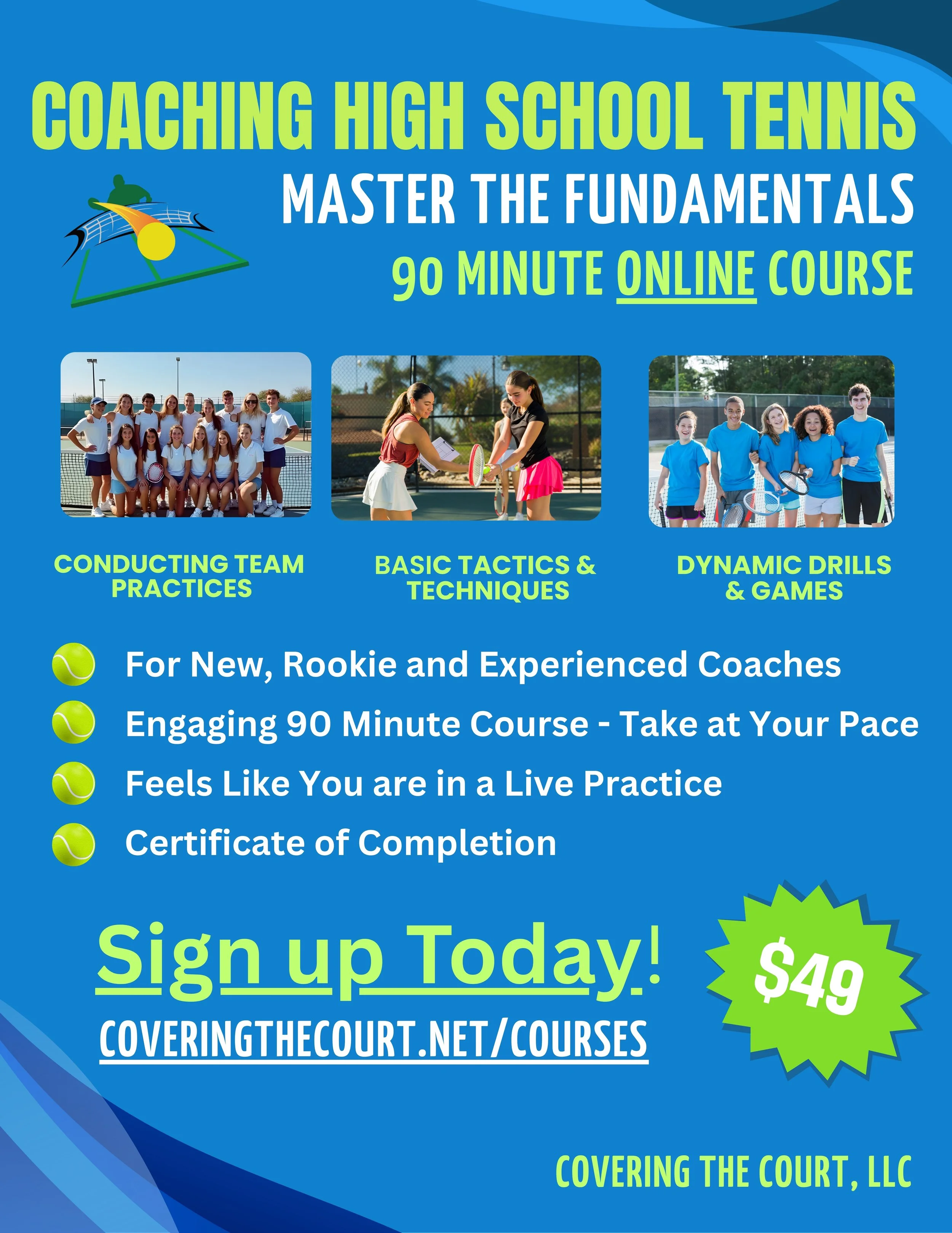 High School Coaches Training Workshop, Online Course, How to Conduct Team Tennis Practice, Tennis Drills and Games, Tennis Strategies