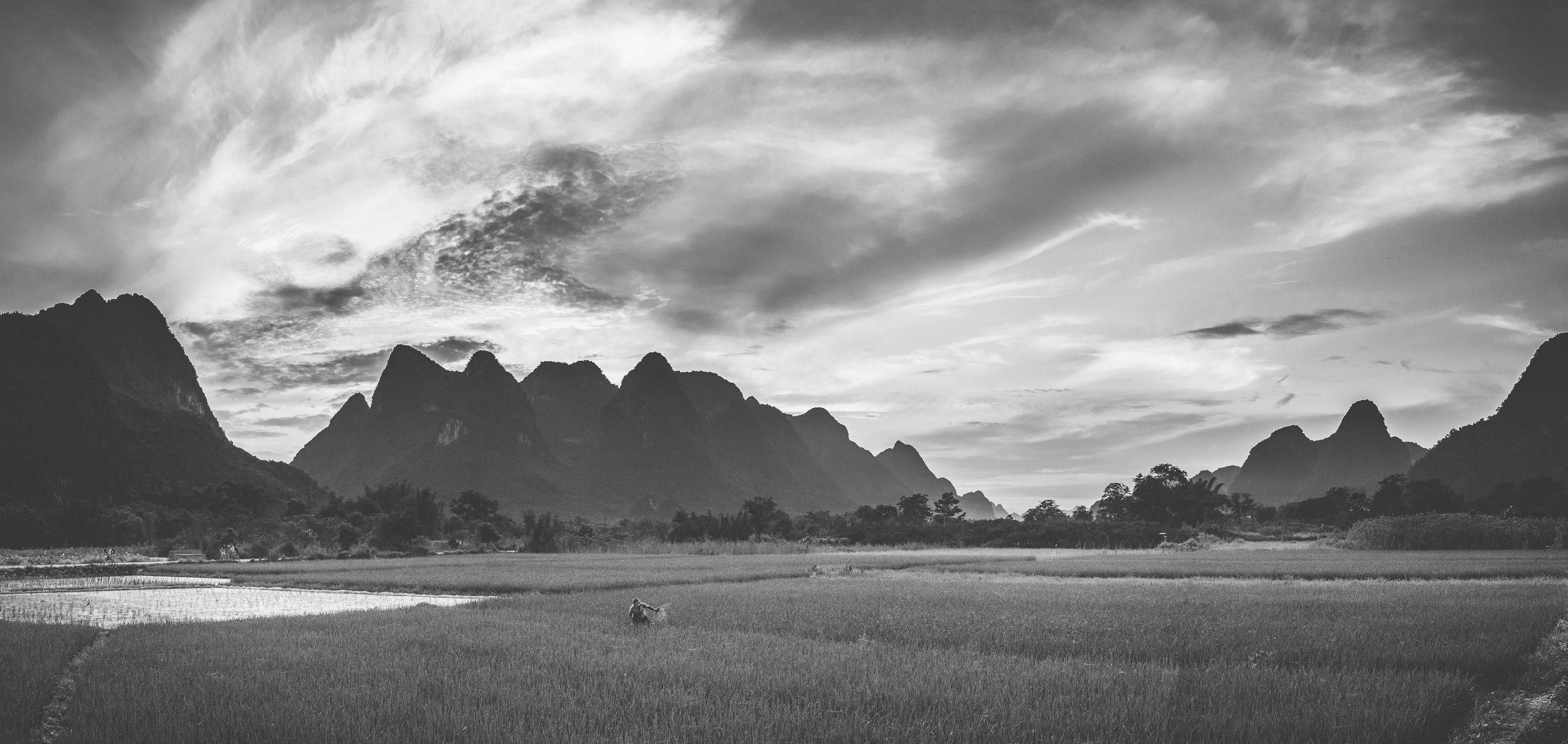 Black and white landscape of mountains, cloudy sky, rice paddies, and a person working in the field.