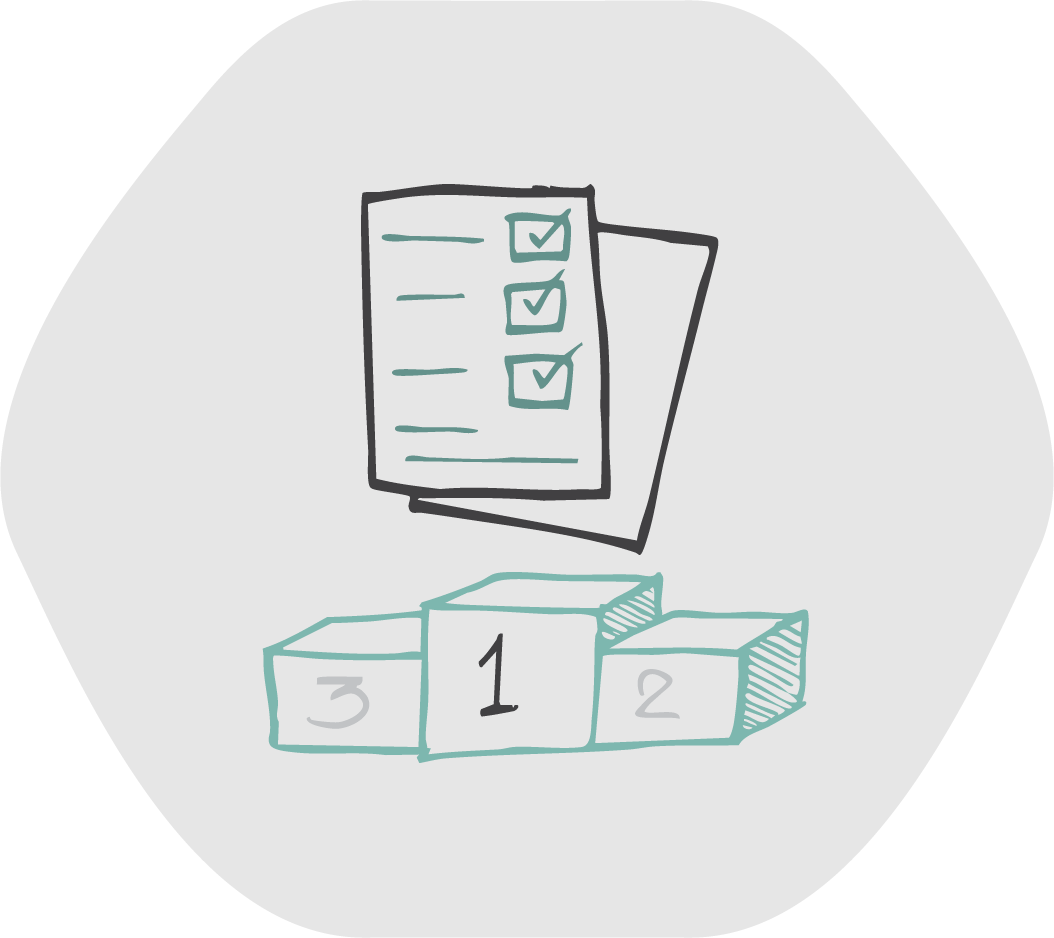 Hand-drawn illustration of a checklist with three checkmarks and three numbered podium blocks, with the first place block highlighted.