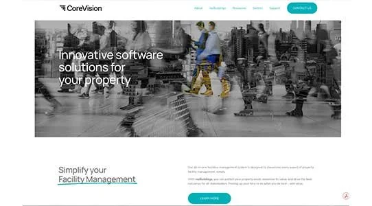 Screenshot of a website homepage for CoreVision, featuring a black and white city scene with people walking, and a focus on innovative software solutions for property management.