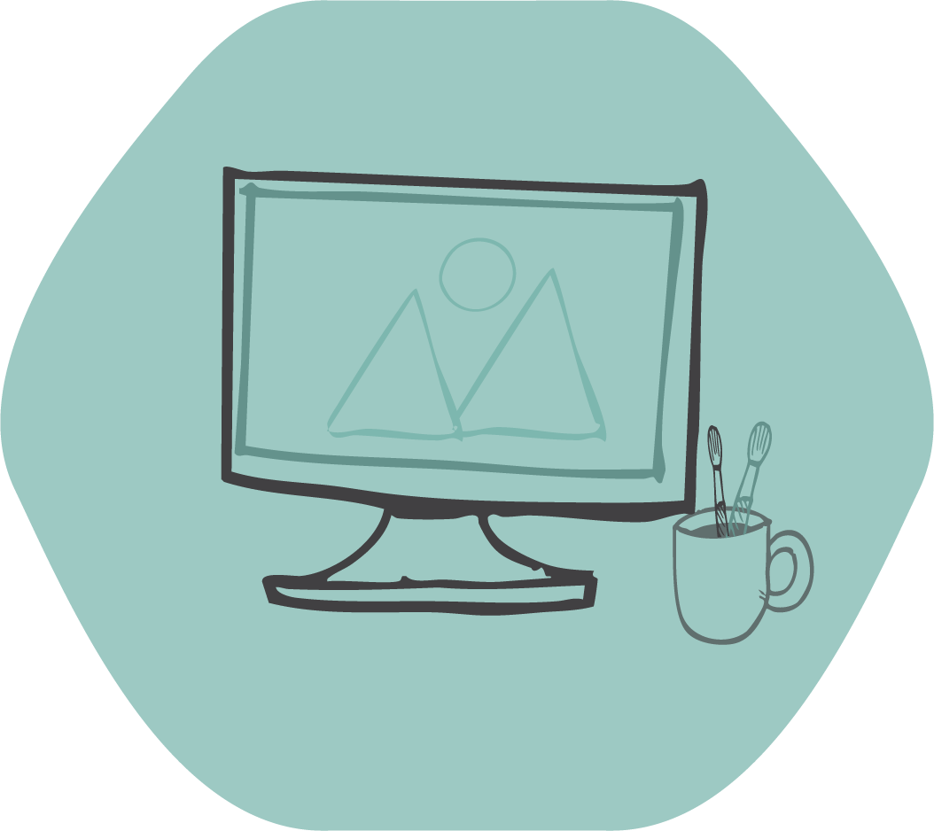 Drawing of a computer monitor with a cup holding two toothbrushes.