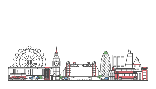 Silhouette of London landmarks including the London Eye, Big Ben, Tower Bridge, the Gherkin, and St. Paul's Cathedral with buses and cars in the foreground.