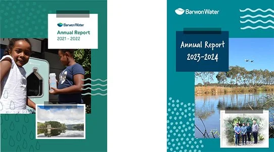 Two annual water reports from Barwon Water, one for 2021-2022 and one for 2023-2024, featuring images of people, water, and landscapes.