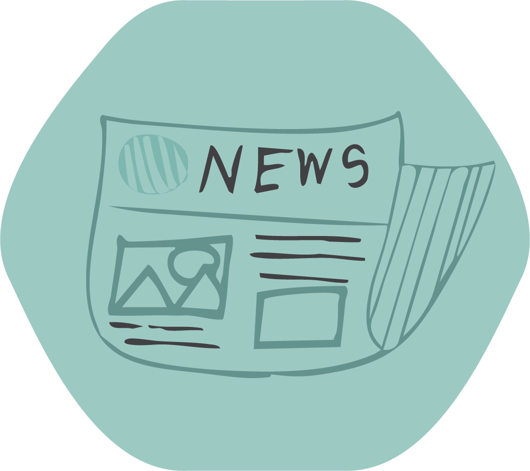 A hand-drawn illustration of a newspaper with the headline 'NEWS' and sections for images and articles.