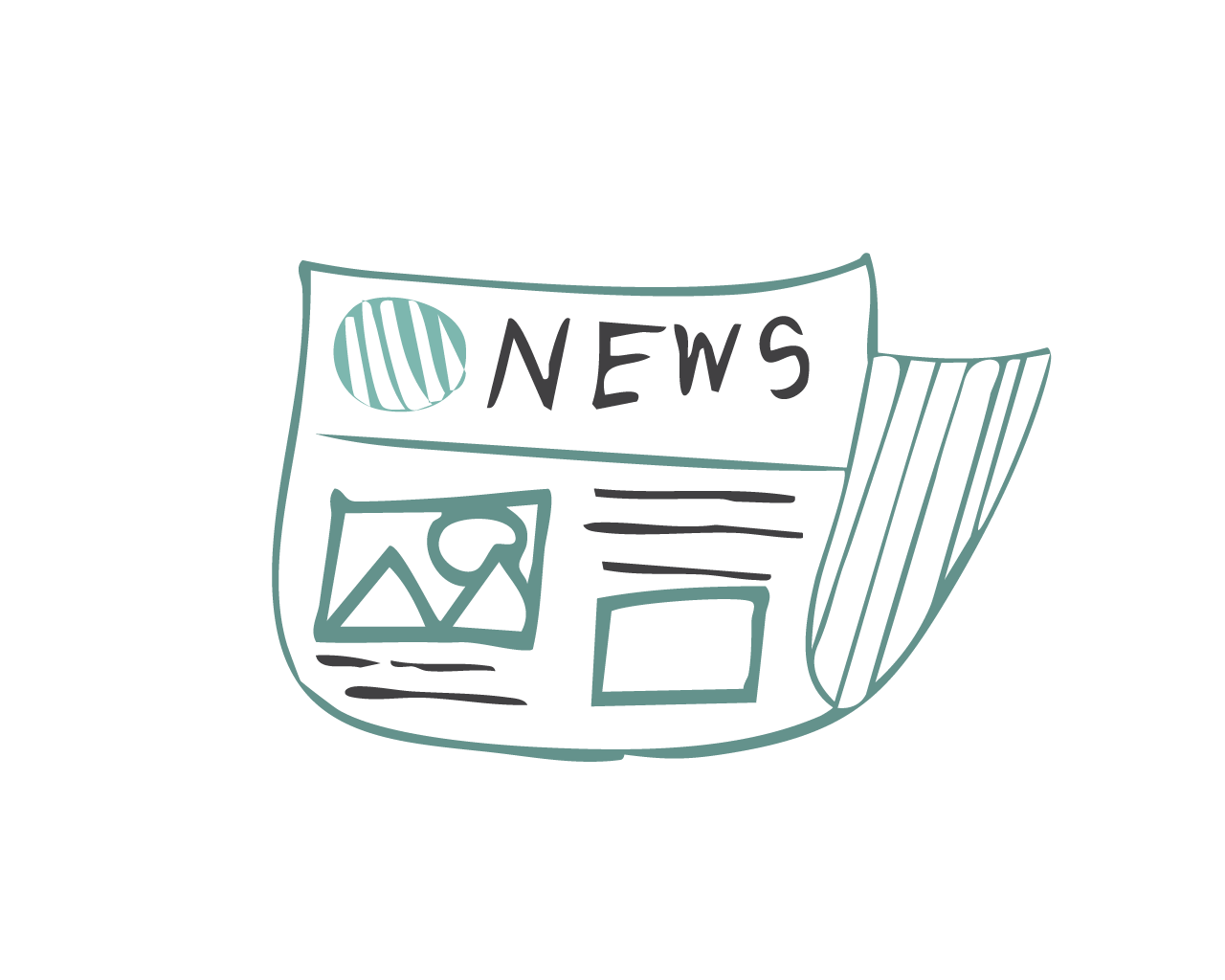 Hand-drawn newspaper with the headline 'NEWS', a circular image, a photo with a heart icon, and text blocks.