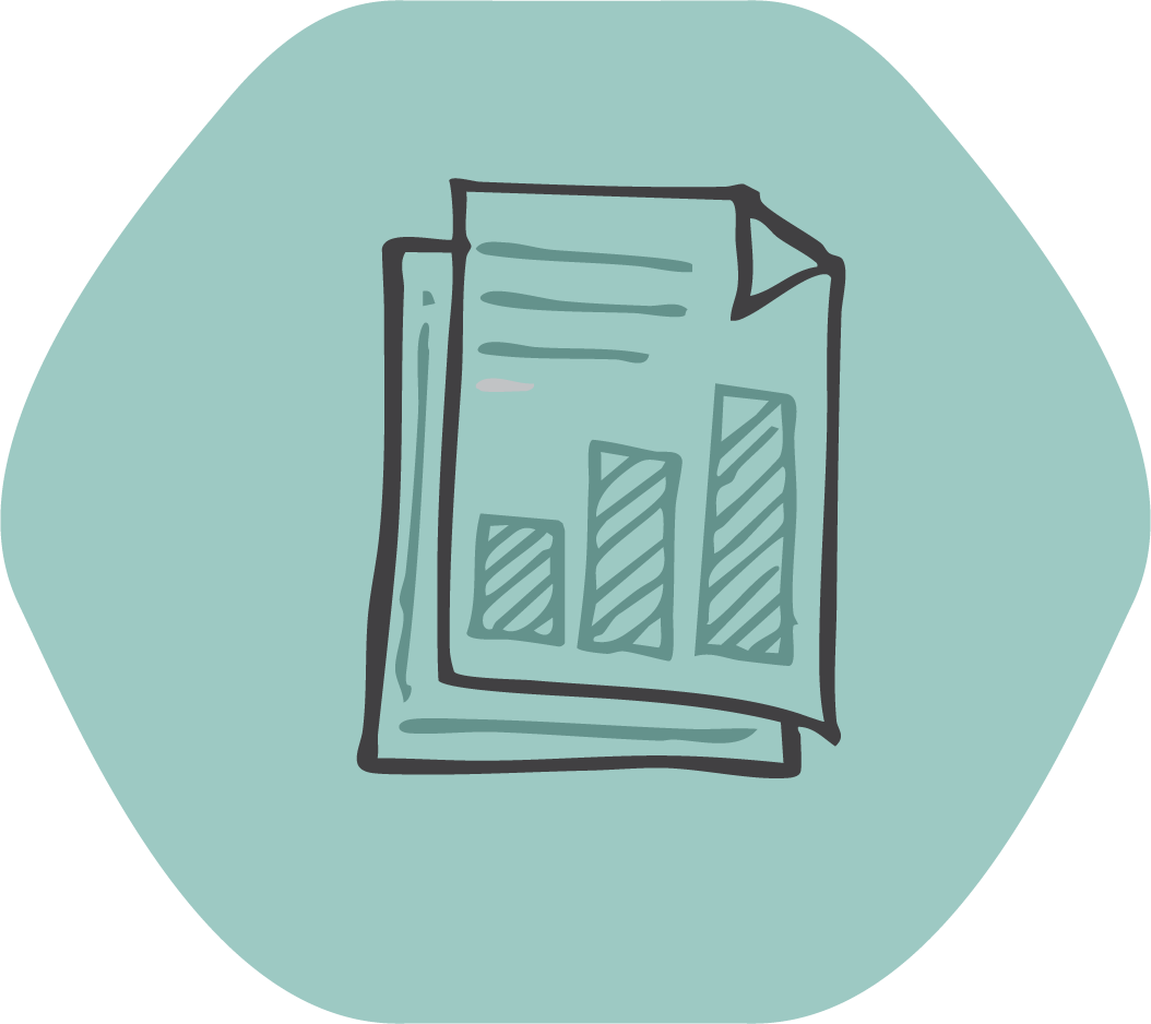 Hand-drawn illustration of a pamphlet or brochure with bar graphs on the cover.
