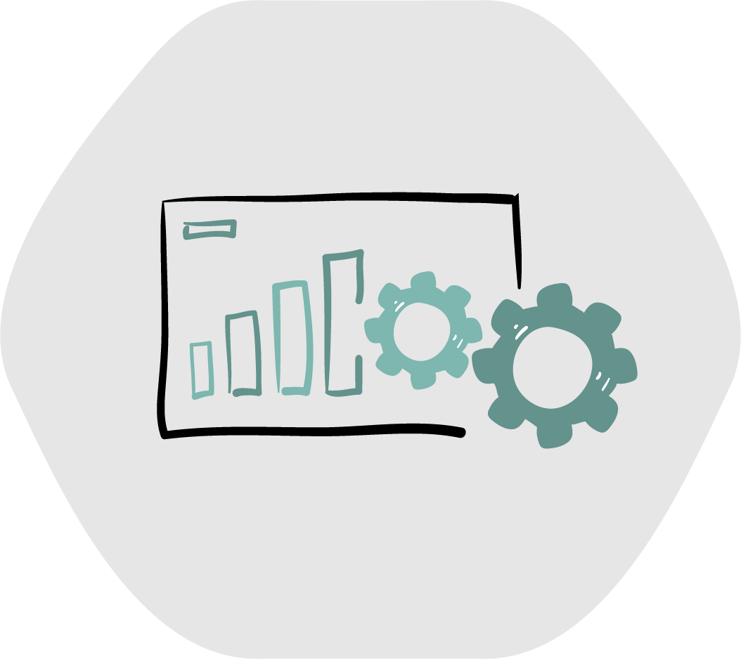A hand-drawn illustration of a bar graph and two gears, representing data analysis and process automation.