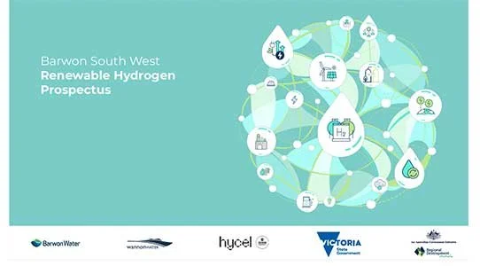 Cover page of the Barwon South West Renewable Hydrogen Prospectus showing a network diagram with icons representing hydrogen and renewable energy sources, with logos of organizations at the bottom.