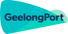 Logo of GeelongPort with black text on a teal and light blue wave background.