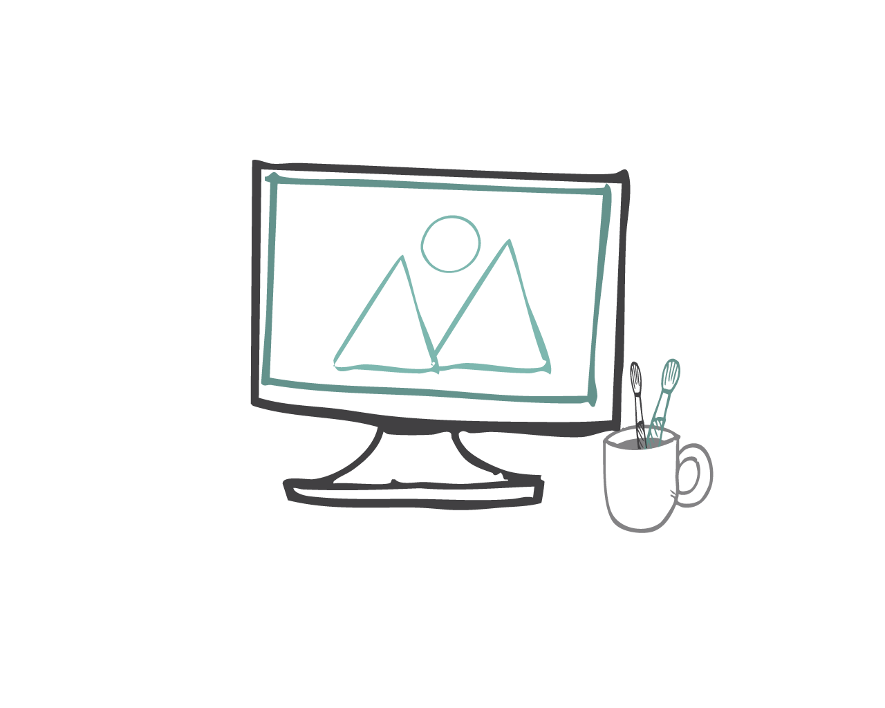 Drawing of a computer monitor displaying a landscape with mountains and a sun, alongside a coffee mug with utensils inside.