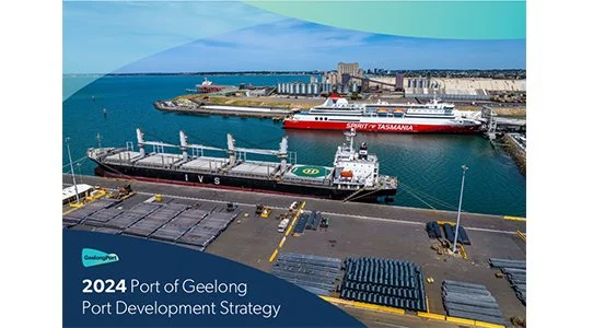 A port with ships docked, including one labeled Spirit of Tasmania, and a background of buildings and a sky. The image is titled '2024 Port of Geelong Port Development Strategy'.