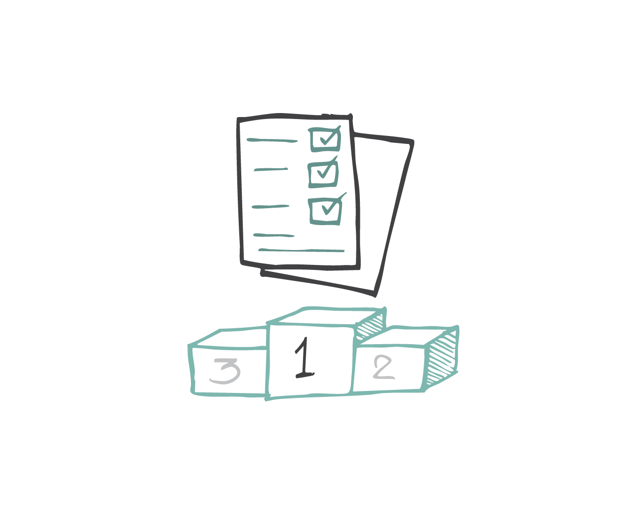 A drawing of a checklist with three items, three podium blocks numbered 1, 2, and 3, with 1 in the center, and a white background.