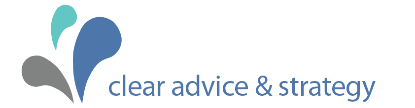Logo with three water drop shapes and the text 'clear advice & strategy'.