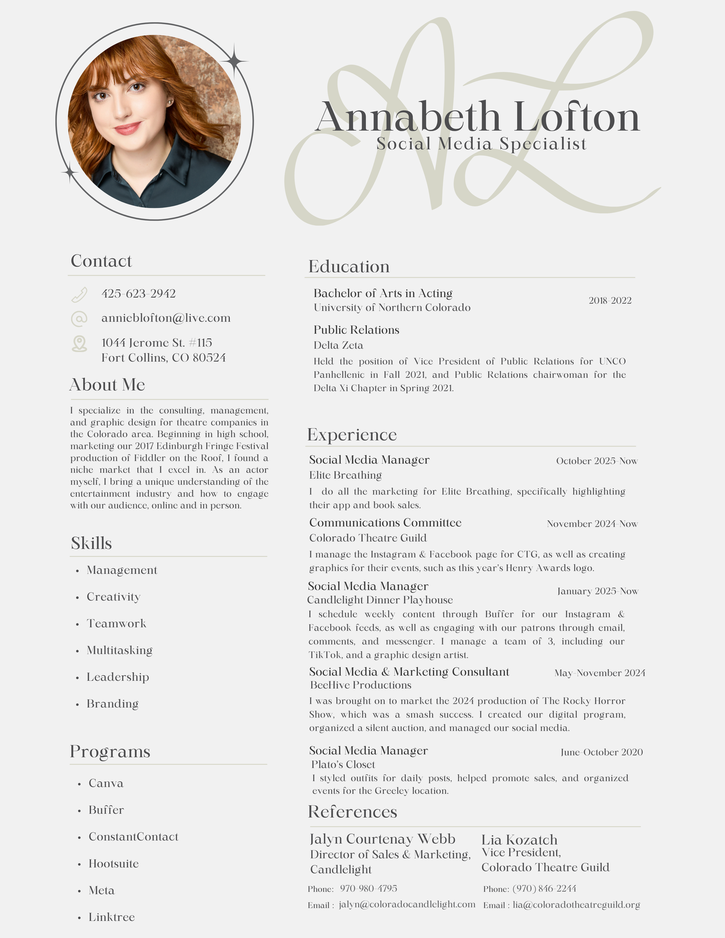 Resume of Annabeth Lofton, a social media specialist. Includes photo, contact info, skills, education, experience, references, and a decorative background.