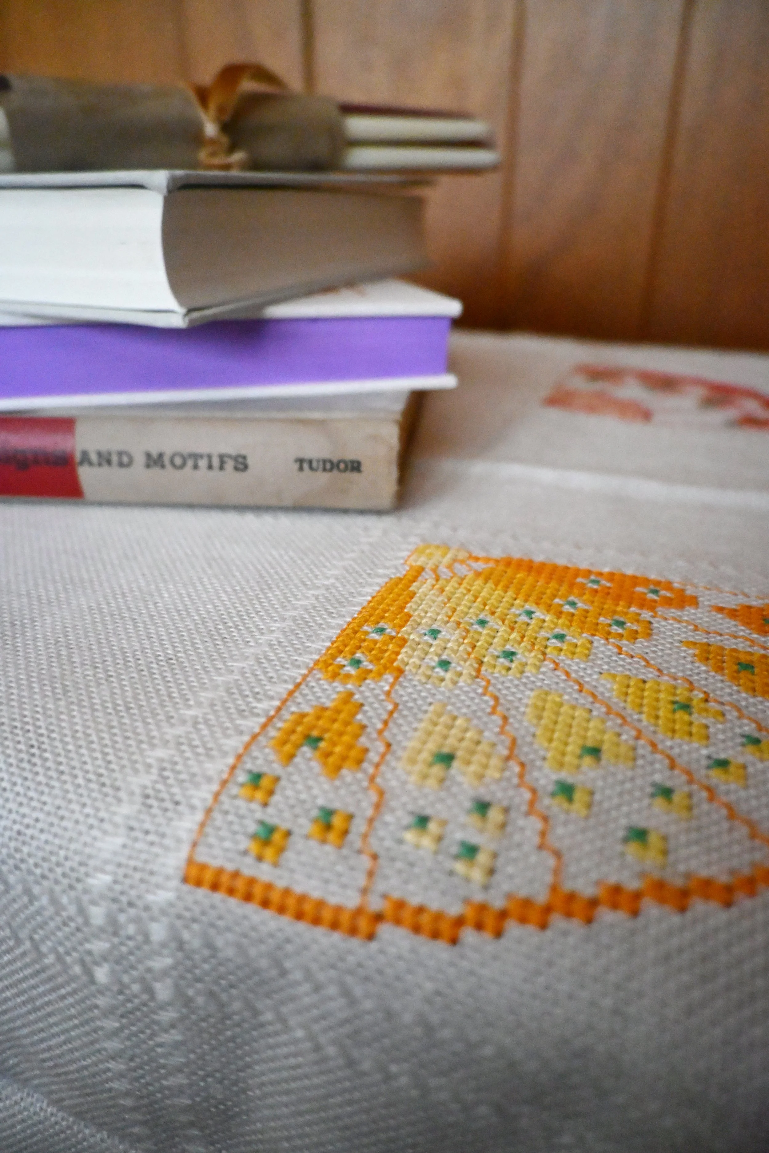 Asian Fan Cross Stitched Table Cloth