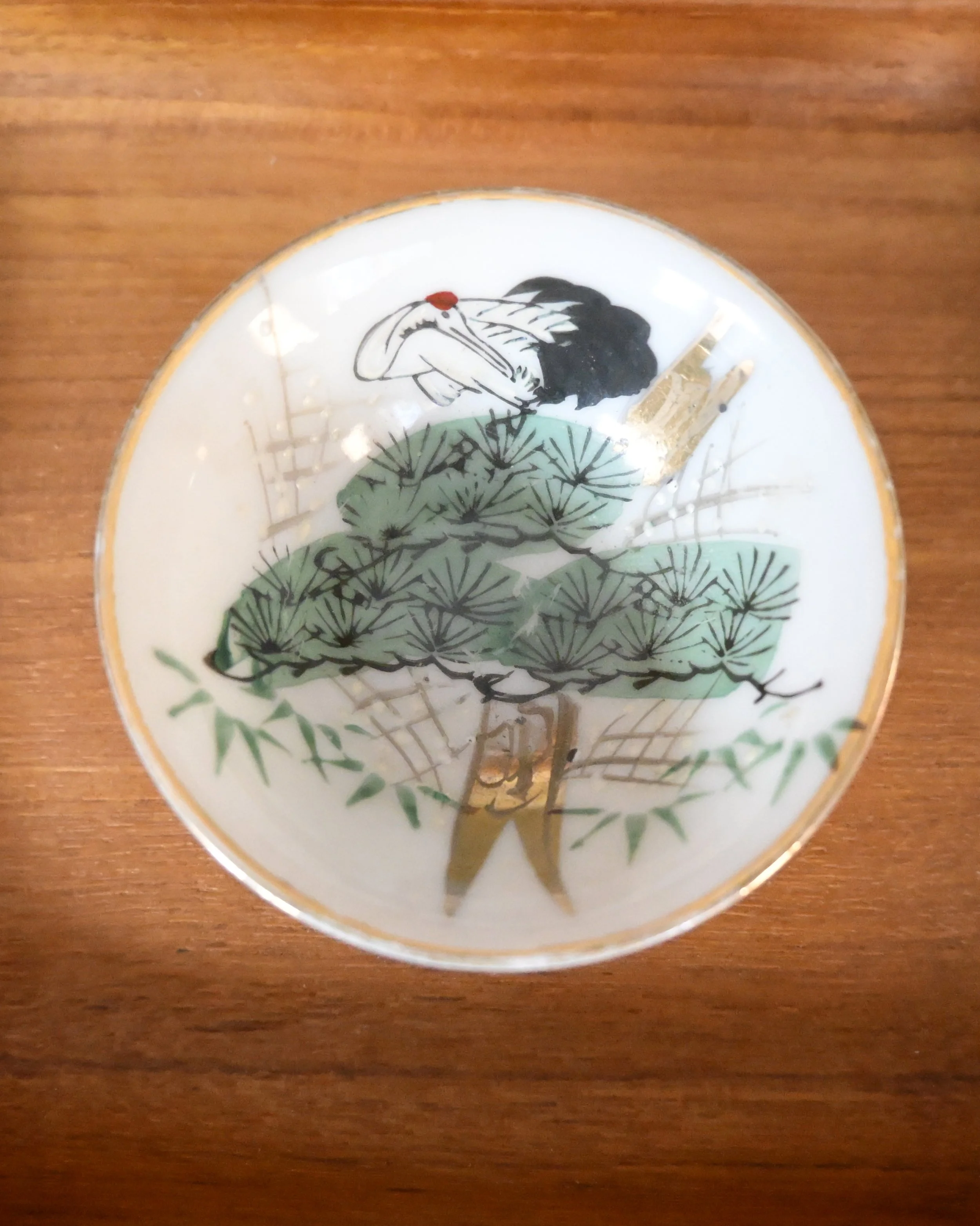 Vintage Hand-Painted Japanese Miniature Dish – Crane Motif