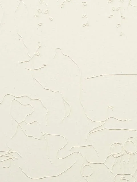 When humans contemplate the human condition, we draw from the very fibers of our being, projecting meaning back onto our lived experience. In much the same way, it is the threads reflecting upon themselves that give these canvas-on-canvas composition