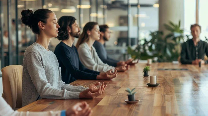 Six people sitting cross-legged at a long conference table in a modern office, meditating.