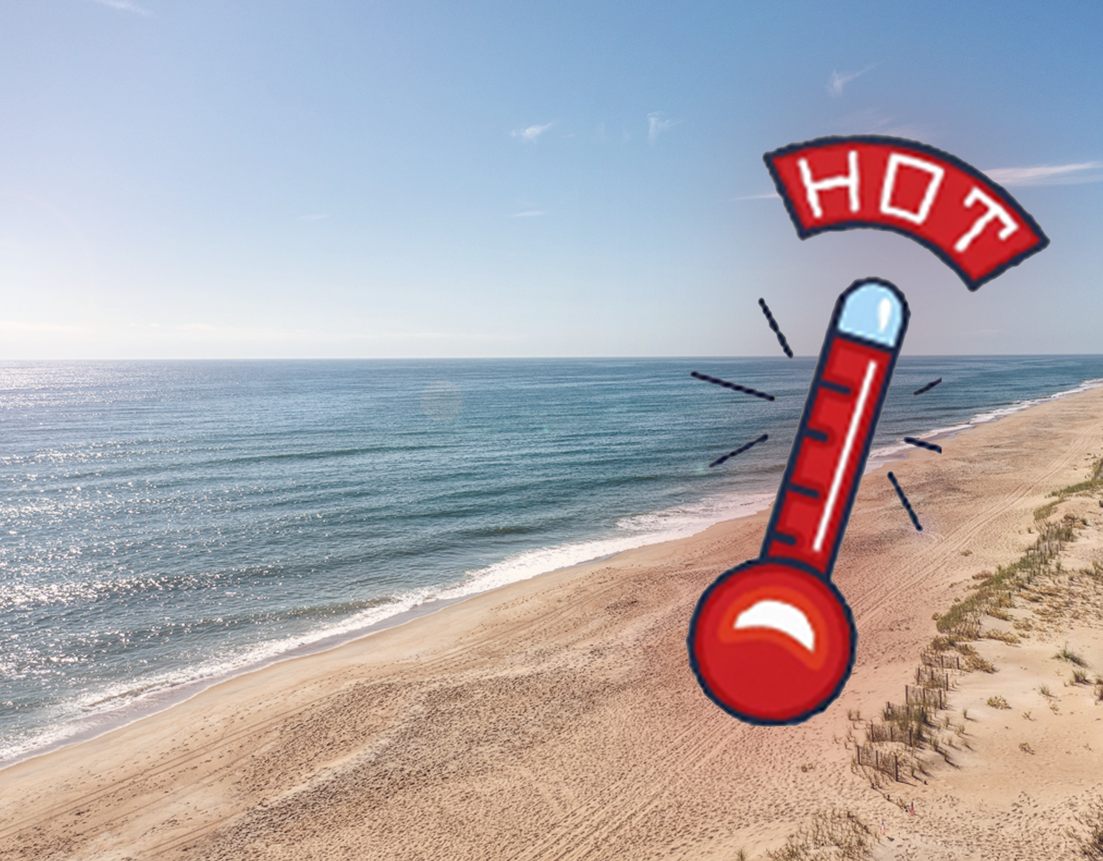 An empty sandy beach with calm ocean waves and a clear blue sky, overlaid with a cartoon red thermometer indicating hot weather.