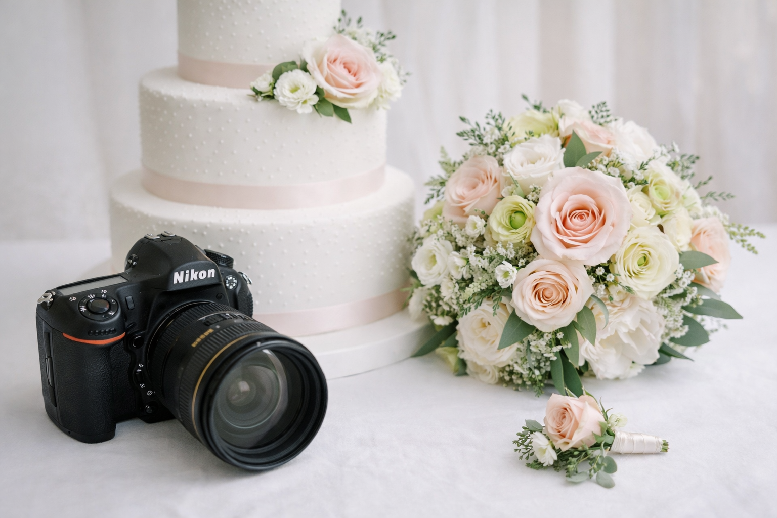 Wedding cake, bouquet, and Nikon camera on a white table.