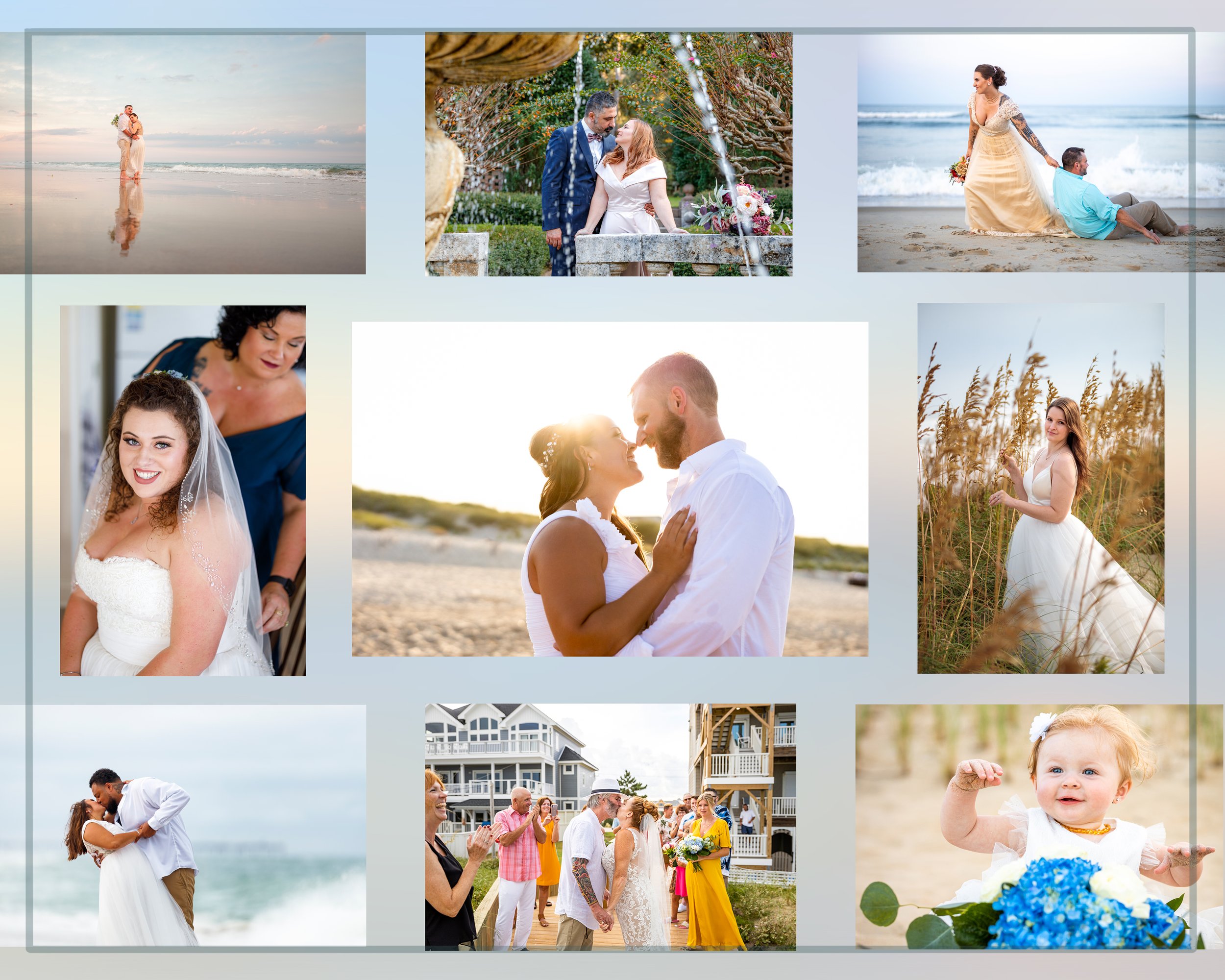 Collage of wedding and celebration photos at the beach and outdoors, featuring couples, a bride, a groom, and a young girl with flowers.