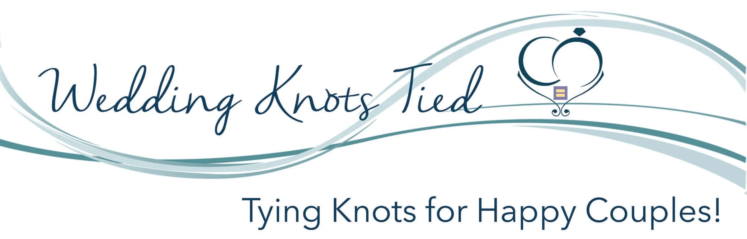 Wedding knots tied logo with a heart-shaped knot illustration, wavy lines, and text reading 'Wedding Knots Tied' and 'Tying Knots for Happy Couples!'