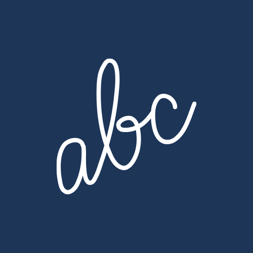 White cursive initials 'abc' on a dark blue background.