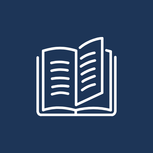 Icon of an open book on a dark blue background.