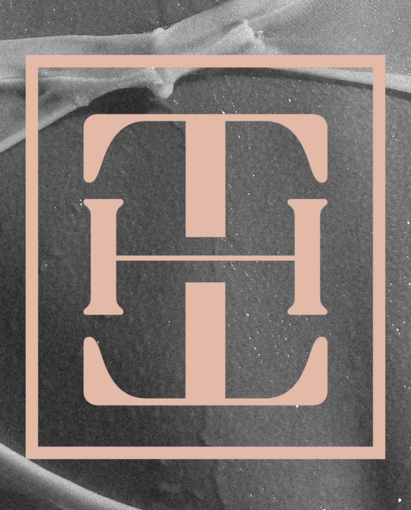A black-and-white image of a textured surface with a large, light pink geometric logo that features a stylized letter 'H' and 'E' inside a square outline.
