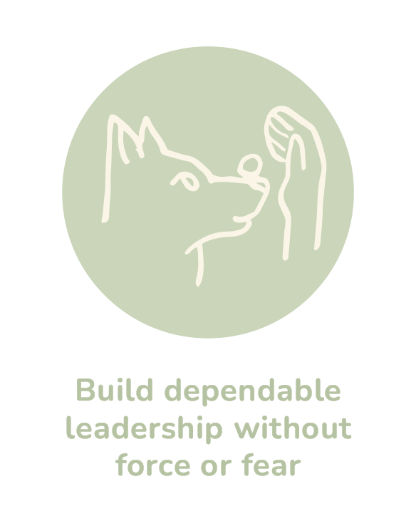 Building dependable leadership without force or fear. Line drawing of a hand upright and a dog head obeying