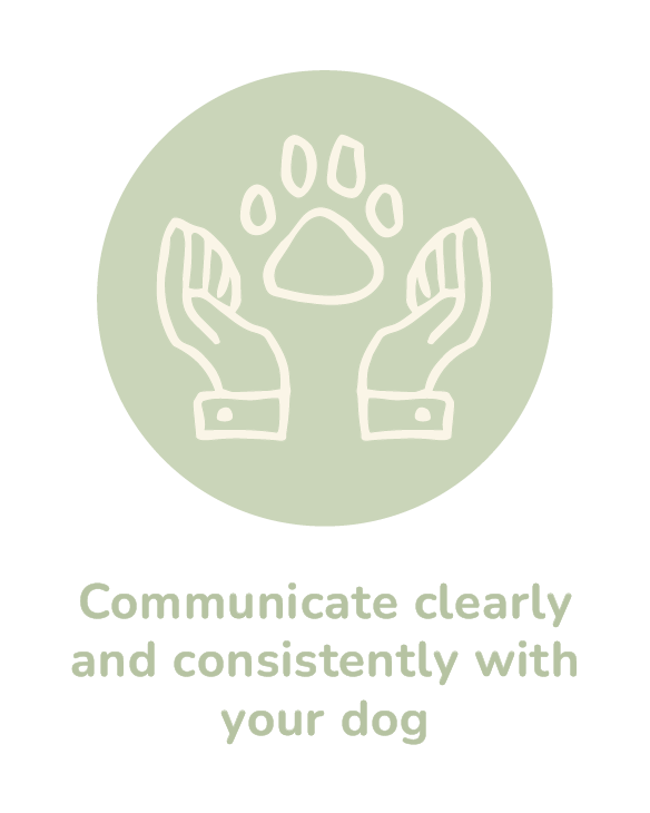 Communication with your dog. Line drawing of hands and a paw print.