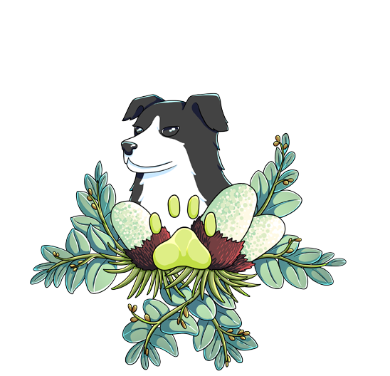 PAWSative K9 Connections logo. Line drawing of a dog among Australian flowers with a paw print.