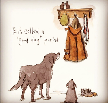 Illustration of two dogs looking up at a hanging coat with treats