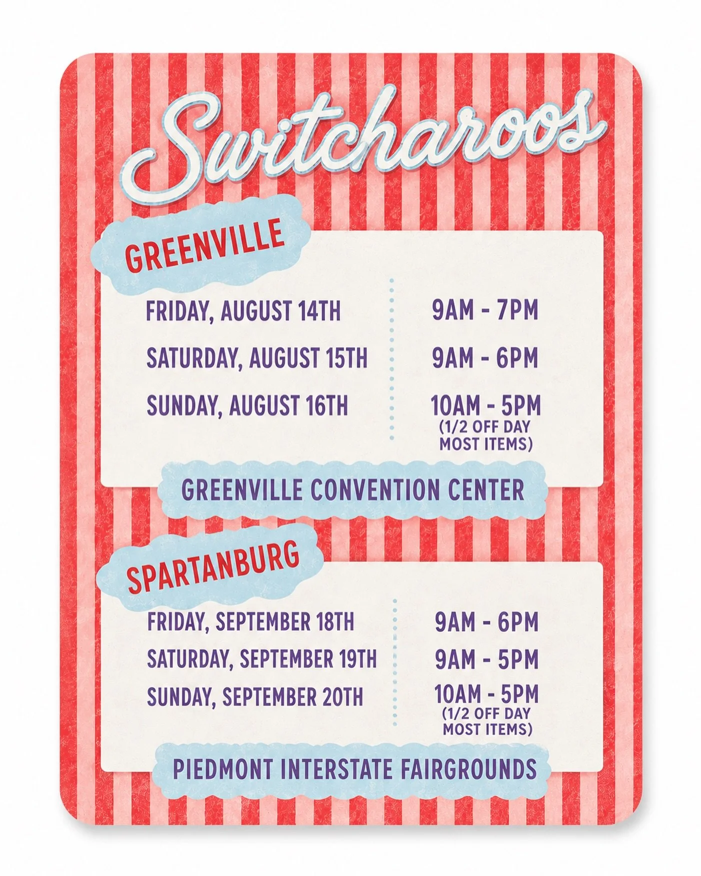 UPSTATE PARENTS, THIS ONE&rsquo;S FOR YOU! 🛍️🎉

Switcharoos Children&rsquo;s Consignment Events are headed to Greenville AND Spartanburg, which means two chances to shop thousands of new and gently used children&rsquo;s items without paying full-pr