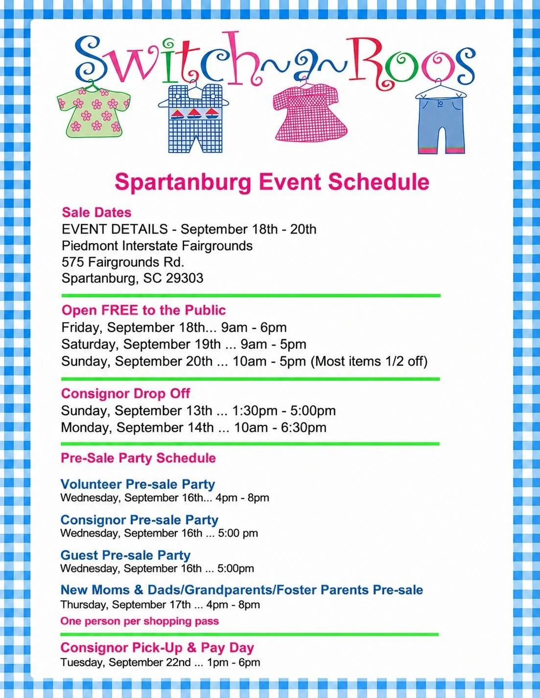 🚨 UPSTATE PARENTS: THIS IS YOUR SIGN TO START CLEANING OUT THOSE CLOSETS. And maybe make a little room for what you&rsquo;re about to bring home. 😂🛍️

Switcharoos is headed to SPARTANBURG September 18&ndash;20 at the Piedmont Interstate Fairground