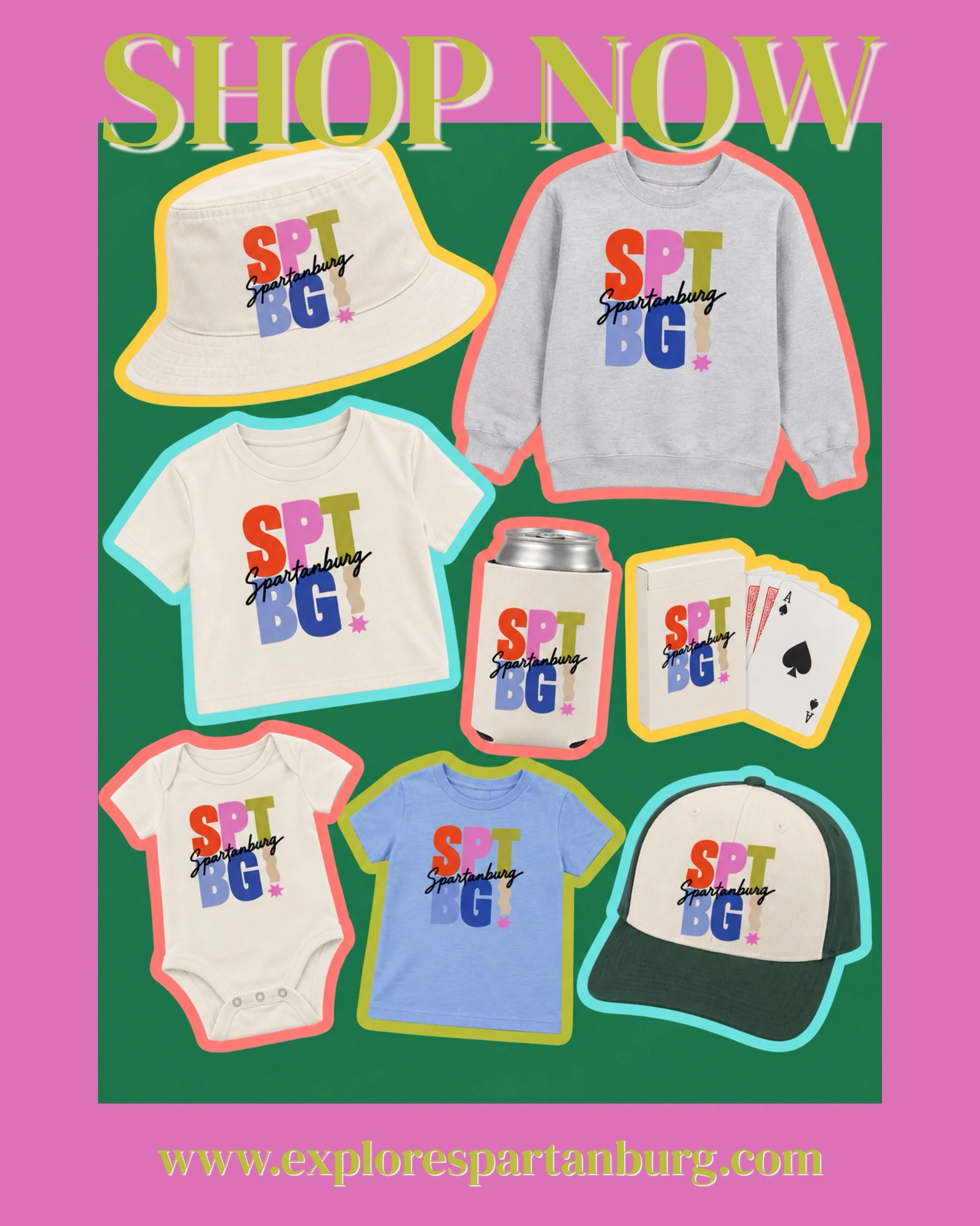 The Hub City looks good on you. 💚✨

The Explore Spartanburg Shop just got a BIG refresh, and there are so many new ways to rep SPTBG!

Shop the new collection featuring tees, sweatshirts, hoodies, hats, kids + baby apparel, koozies, playing cards an