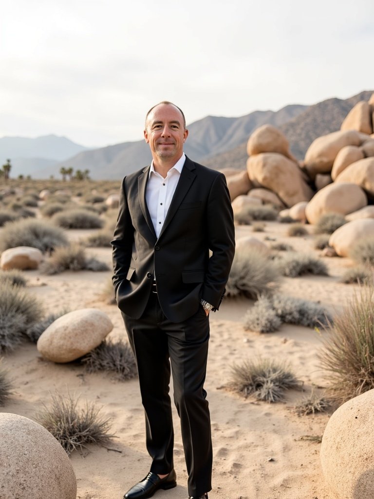 A man in a black suit and white shirt standing in a desert landscape with large rocks and mountains in the background.
