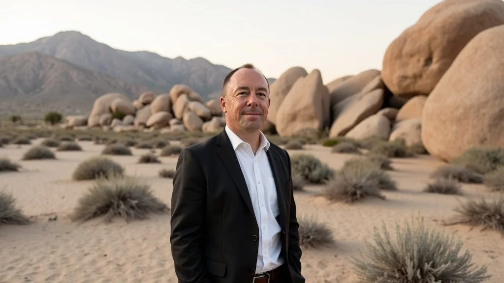 Man in suit standing in a desert with large rocks and mountains in the background.