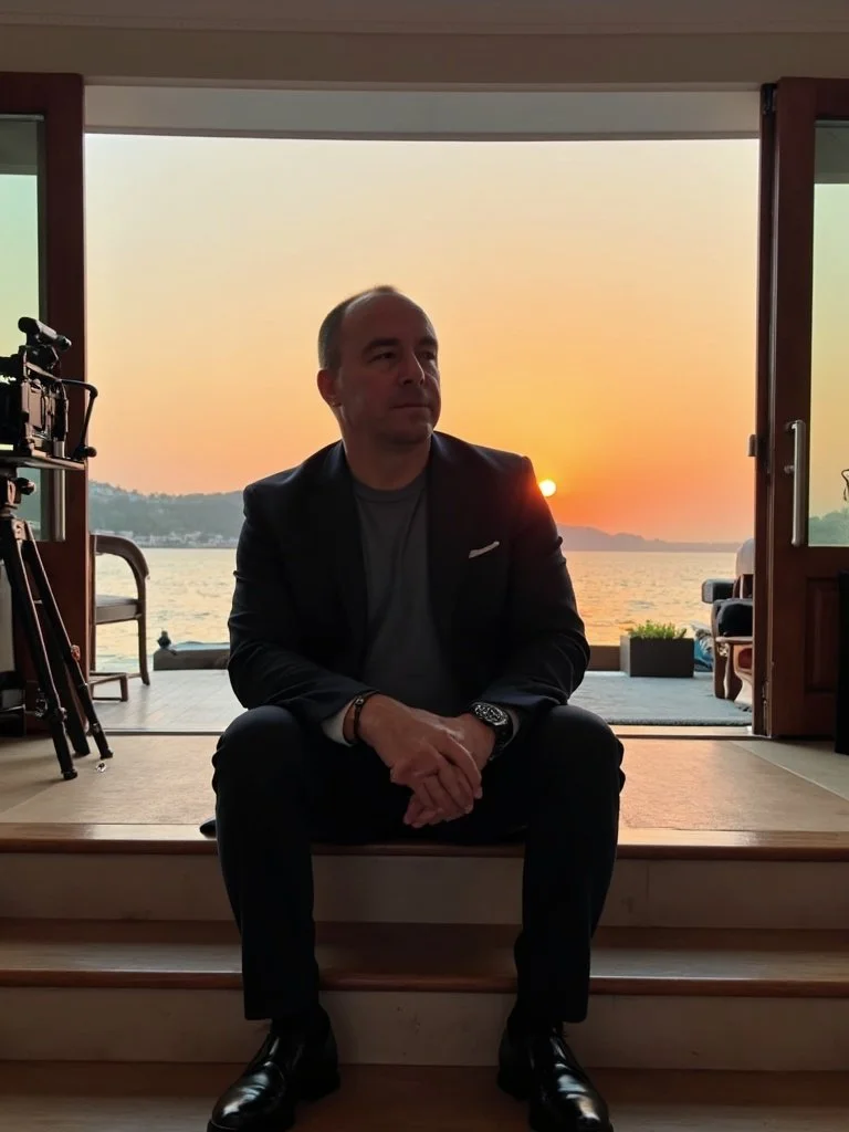 A man sitting on steps inside near a large window with a sunset over a body of water in the background.