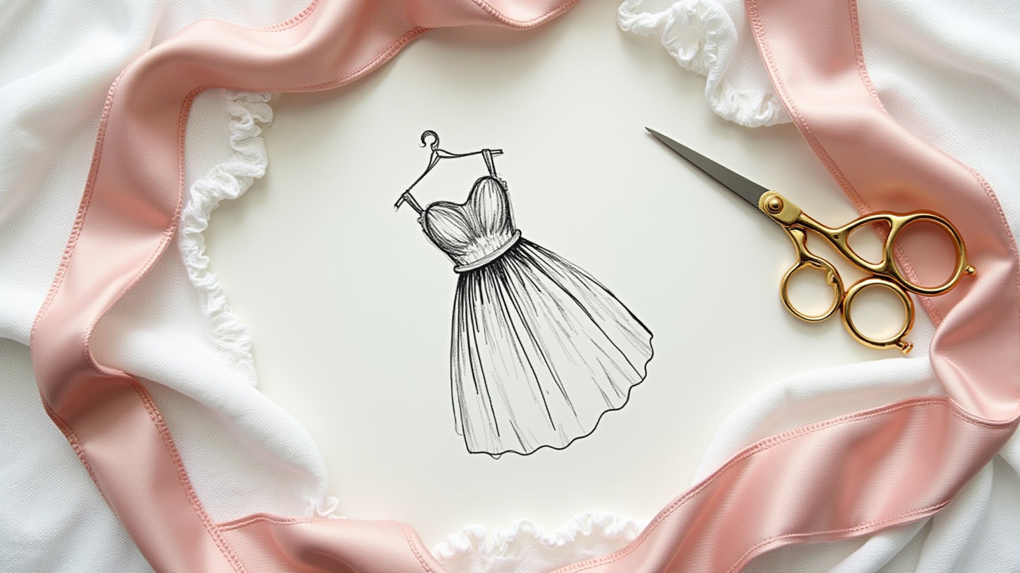 A sketched drawing of a strapless, floor-length gown with a gathered bodice, encircled by a pink satin ribbon, and scissors placed nearby.