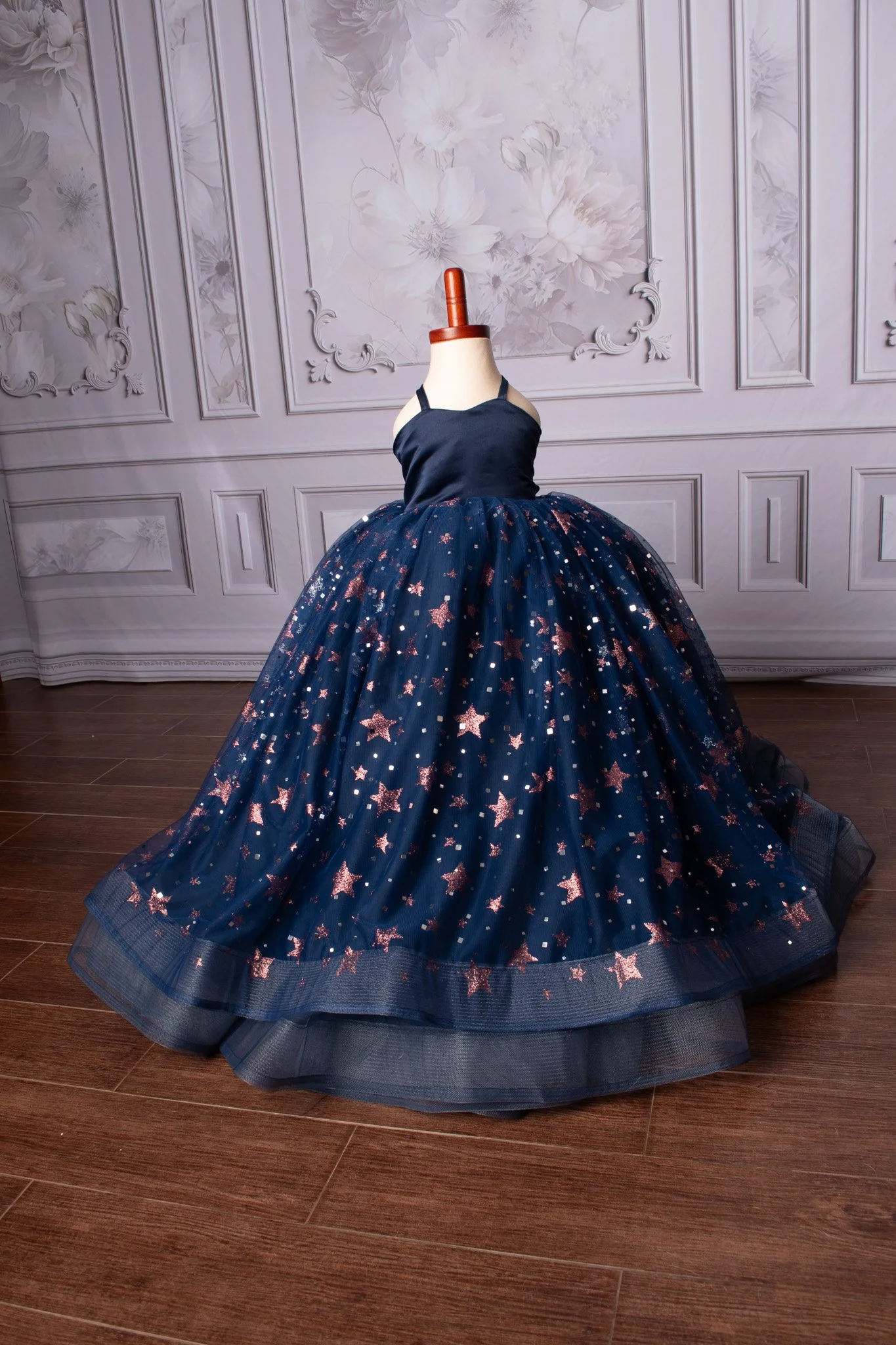 Full length gown- Dark blue and pink stars
