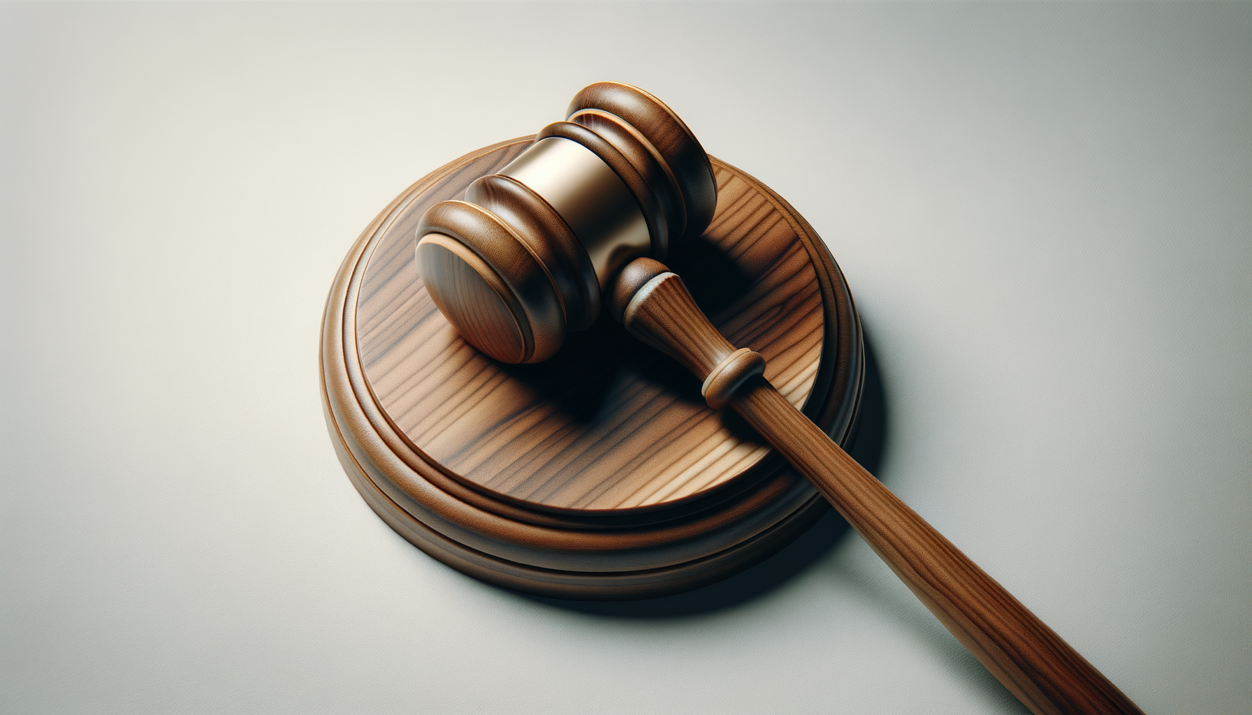 A wooden judge's gavel resting on a sound block, on a plain light-colored surface.
