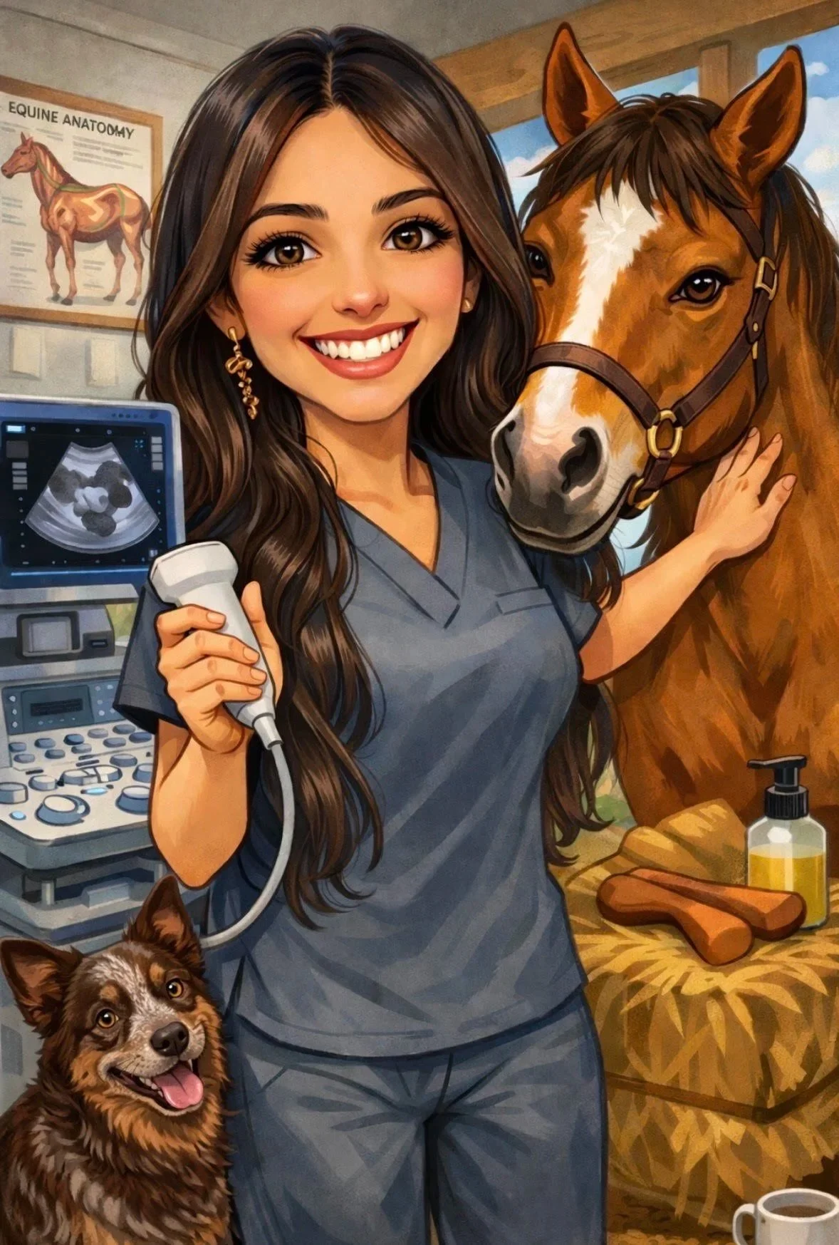 Illustration of a smiling female veterinarian in scrubs holding an ultrasound probe, standing beside a brown horse and a happy Australian Shepherd dog with a coat of black, brown, and white. The background features an equine anatomy chart and veterinary supplies like a bottle of disinfectant, bones, and a coffee mug in a barn or veterinary clinic setting.