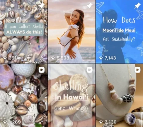 A collage of six images about shells and sustainability. The top left features a collection of shells with text encouraging shell collection. The top middle shows a woman on the beach, smiling and looking at the camera. The top right has text asking about sustainable moon tidal practices in Maui. The bottom left displays various shells. The bottom middle shows a close-up of shells with text 'Shelling in Hawaii Gone Wrong?'. The bottom right highlights a necklace with shells on a white background.