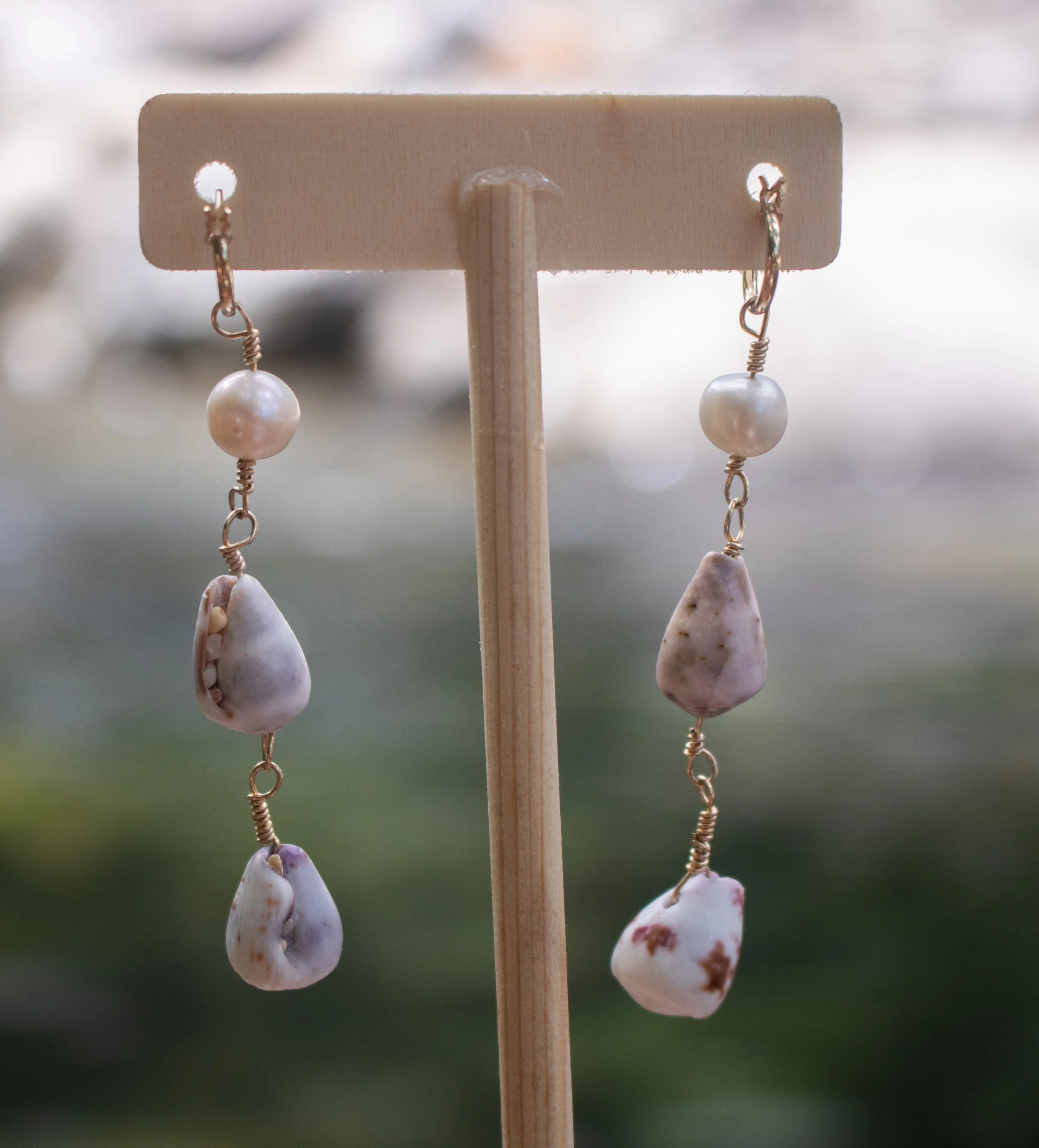 Unique Cone Shell & Pearl Drop Earrings - 14k Gold Filled