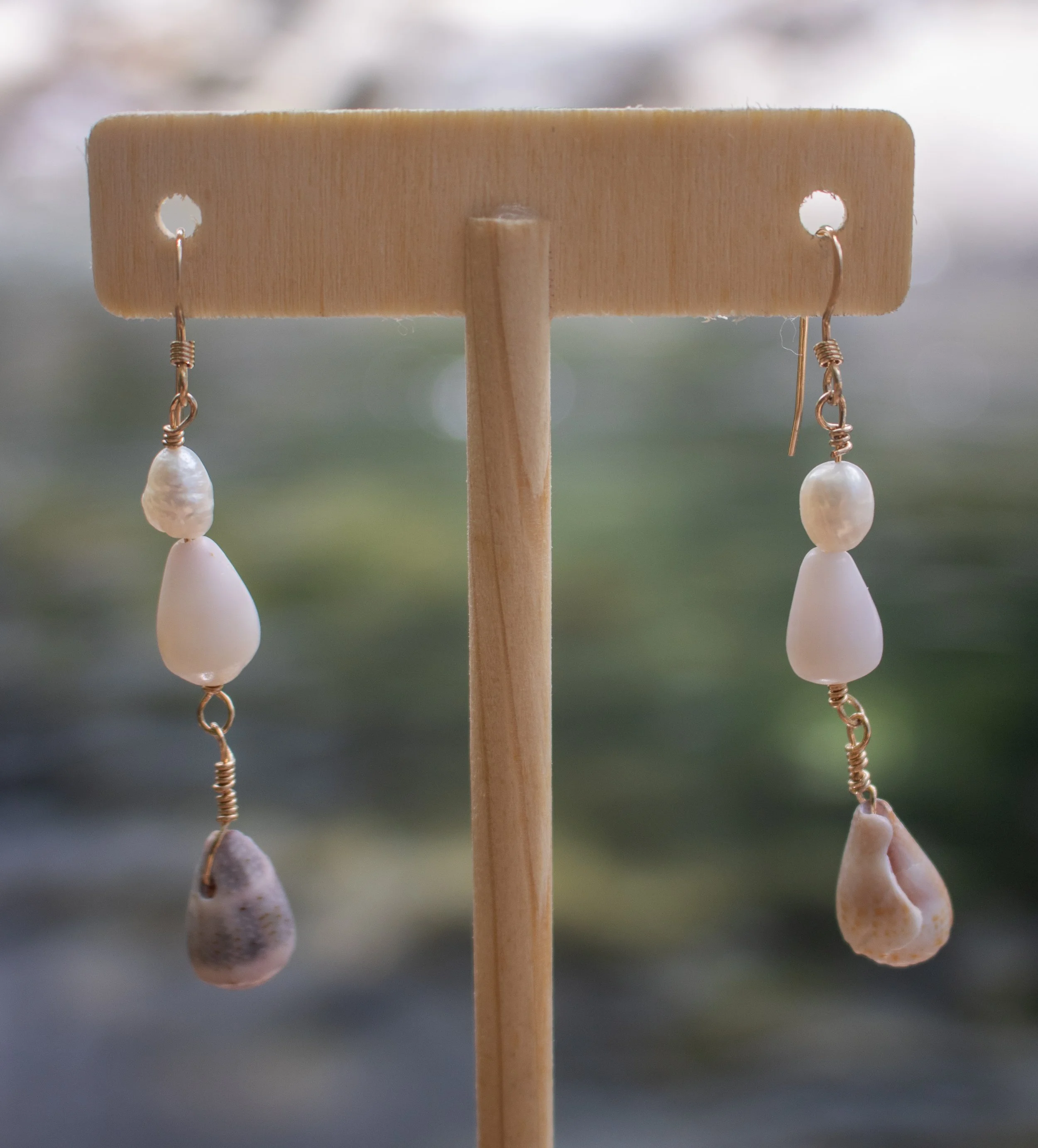 Unique Cone Shell & Pearl Drop Earrings - 14k Gold Filled