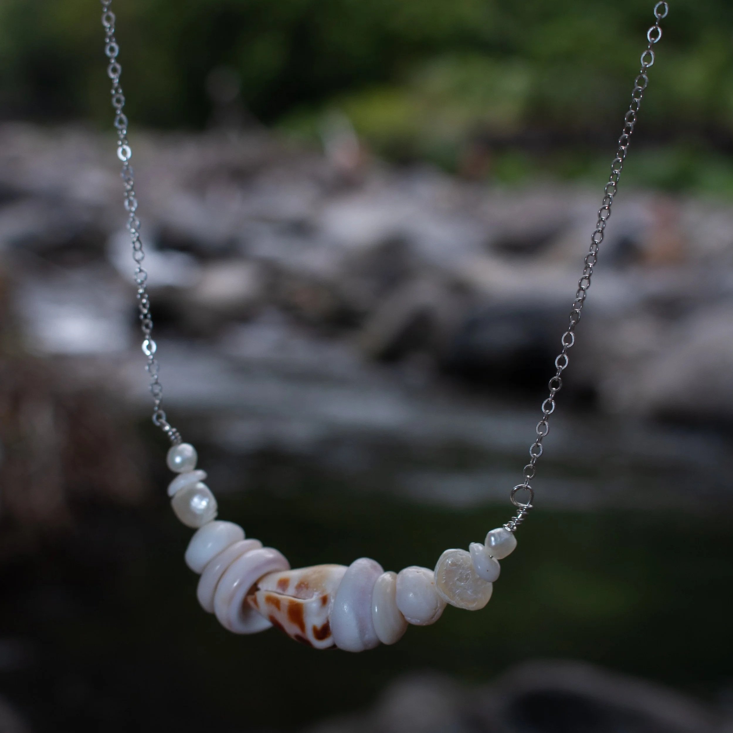 Hebrew, Puka & Pearl Stacker Necklace - Sterling Silver