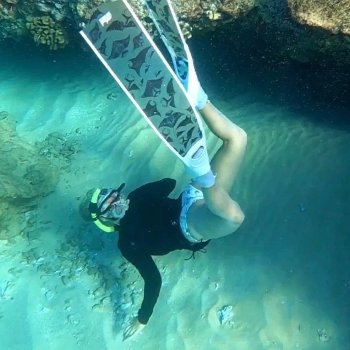 A person snorkeling underwater in a clear body of water, wearing a mask and fins, with underwater rocks or coral visible around them.