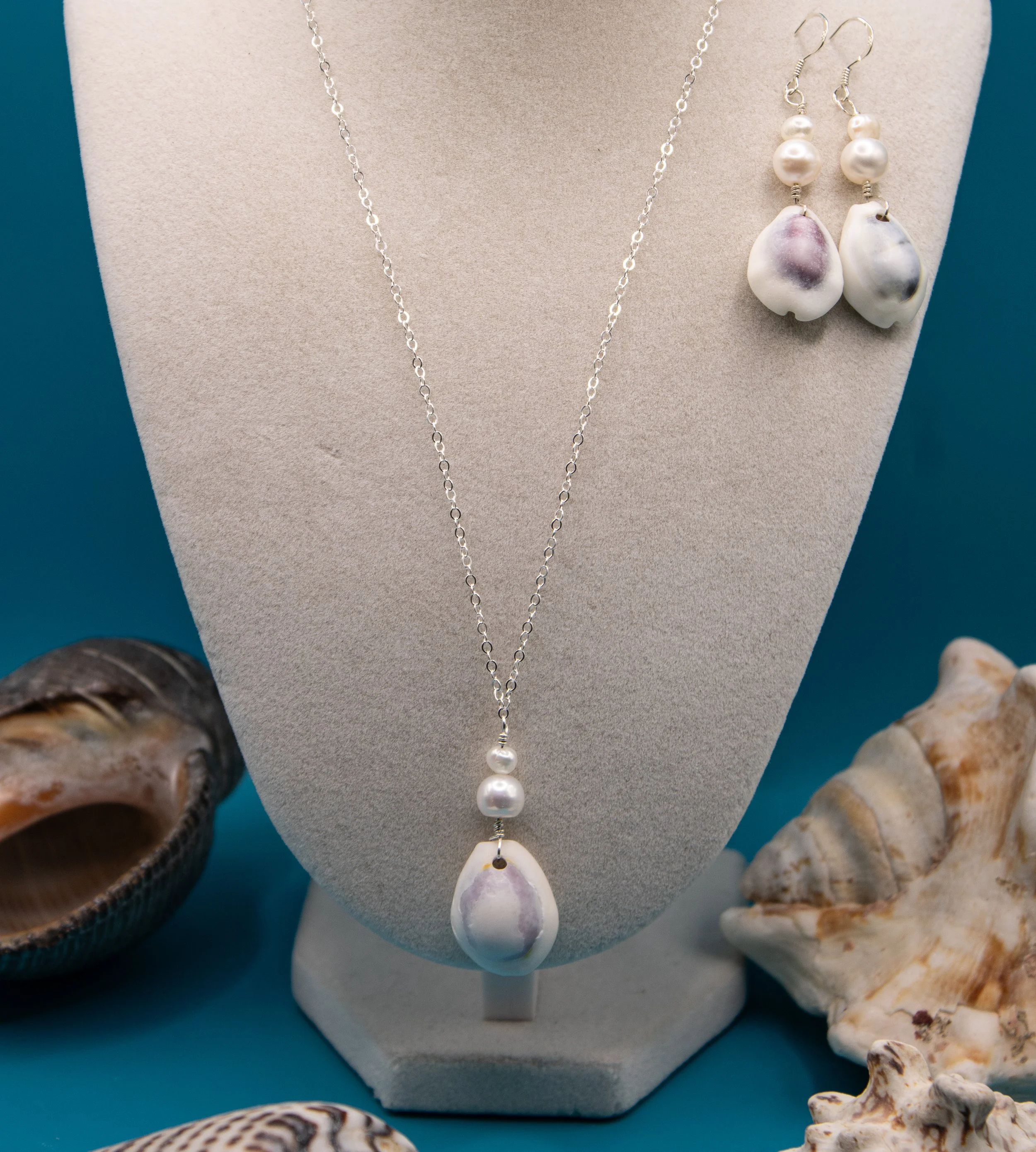 Okinawa Cowry Shell & Freshwater/Keshi Pearls- Sterling Silver Earrings & Necklace Set