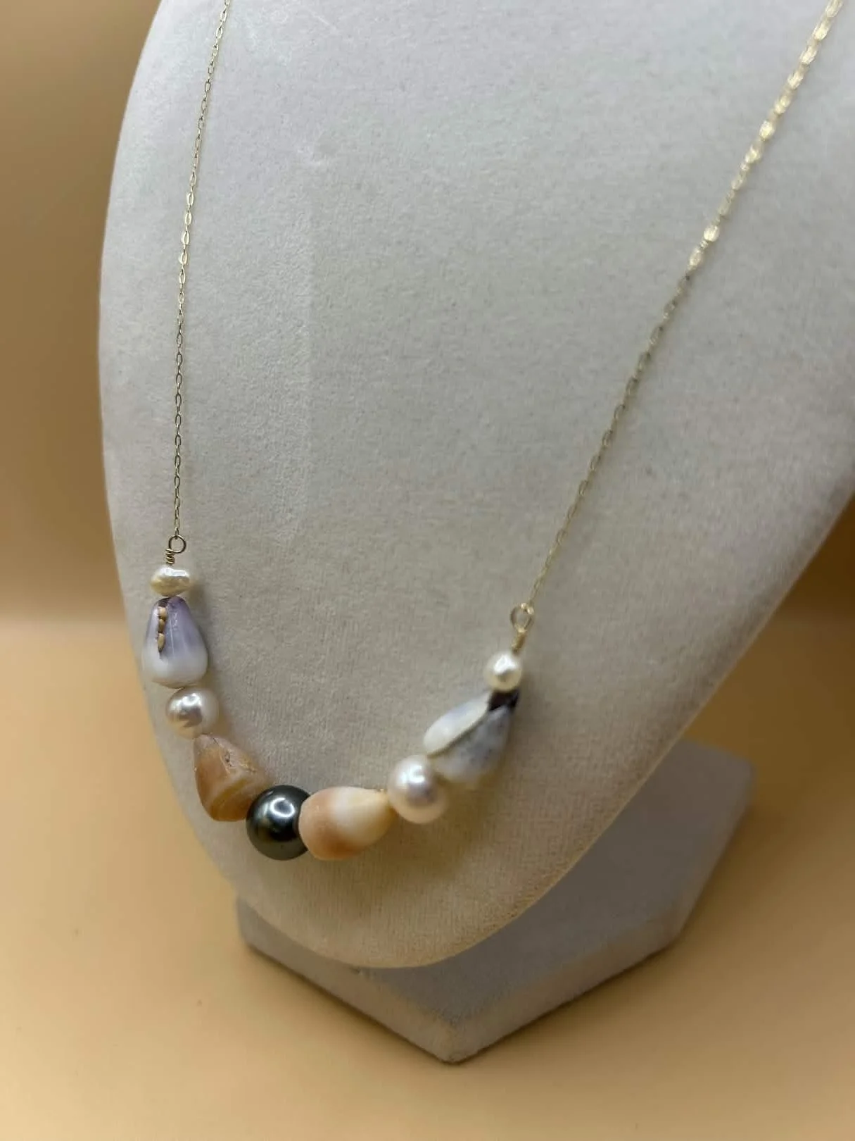 "SpringTide" Hawaii Cone Shell & Tahitian Pearl Necklace - 14k Gold Filled Stacker Necklace